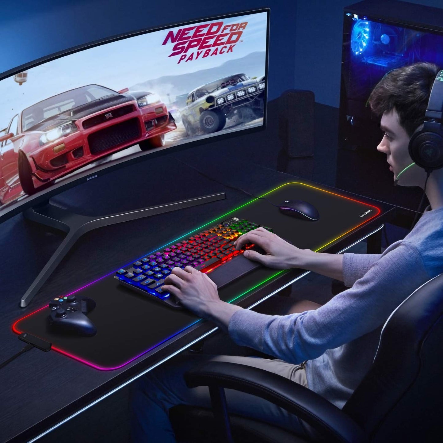 LeadsaiL RGB Gaming Mouse Pad, 15 Light Modes LED Soft Extra Extended Large Mousepad, Non-Slip Rubber Base Computer Keyboard Mouse Mat with Durable Stitched Edges- 31.5 X 12 Inch (RGB Black)