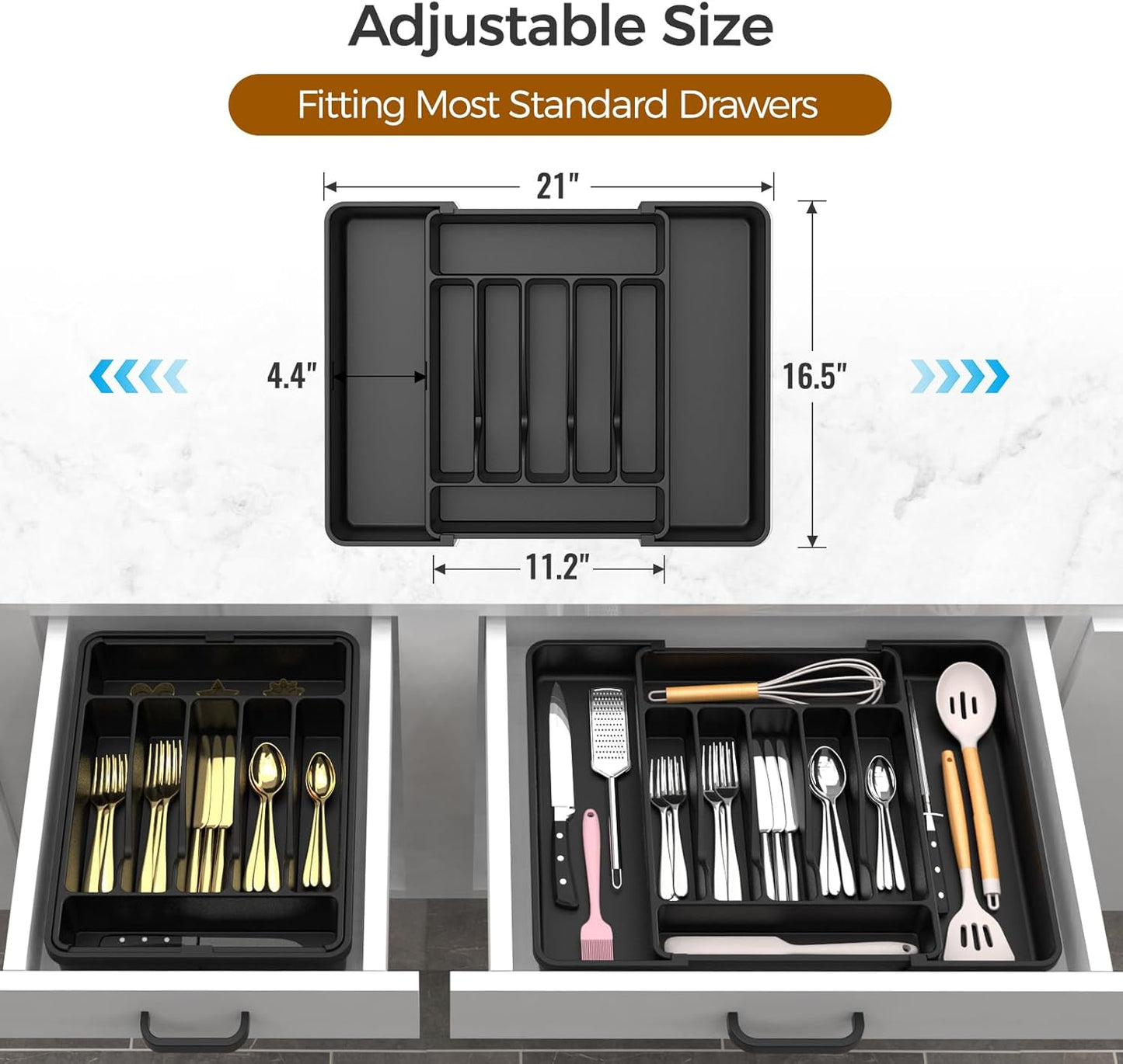 Ukeetap Extra Large Expandable Silverware Organizer - BPA-Free Cutlery Holder for Kitchen Drawers | Black