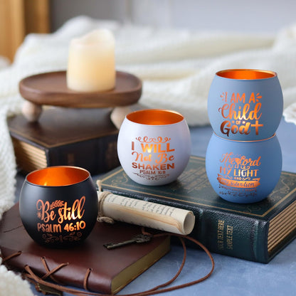Christian Gifts for Men, Glass Candle Holders Set, Blue Tealight Votive Holders with Bible Verses, Religious Birthday Gifts for Dad, Brother, Son, Him, Coworker, Unique Spiritual Gifts for Men