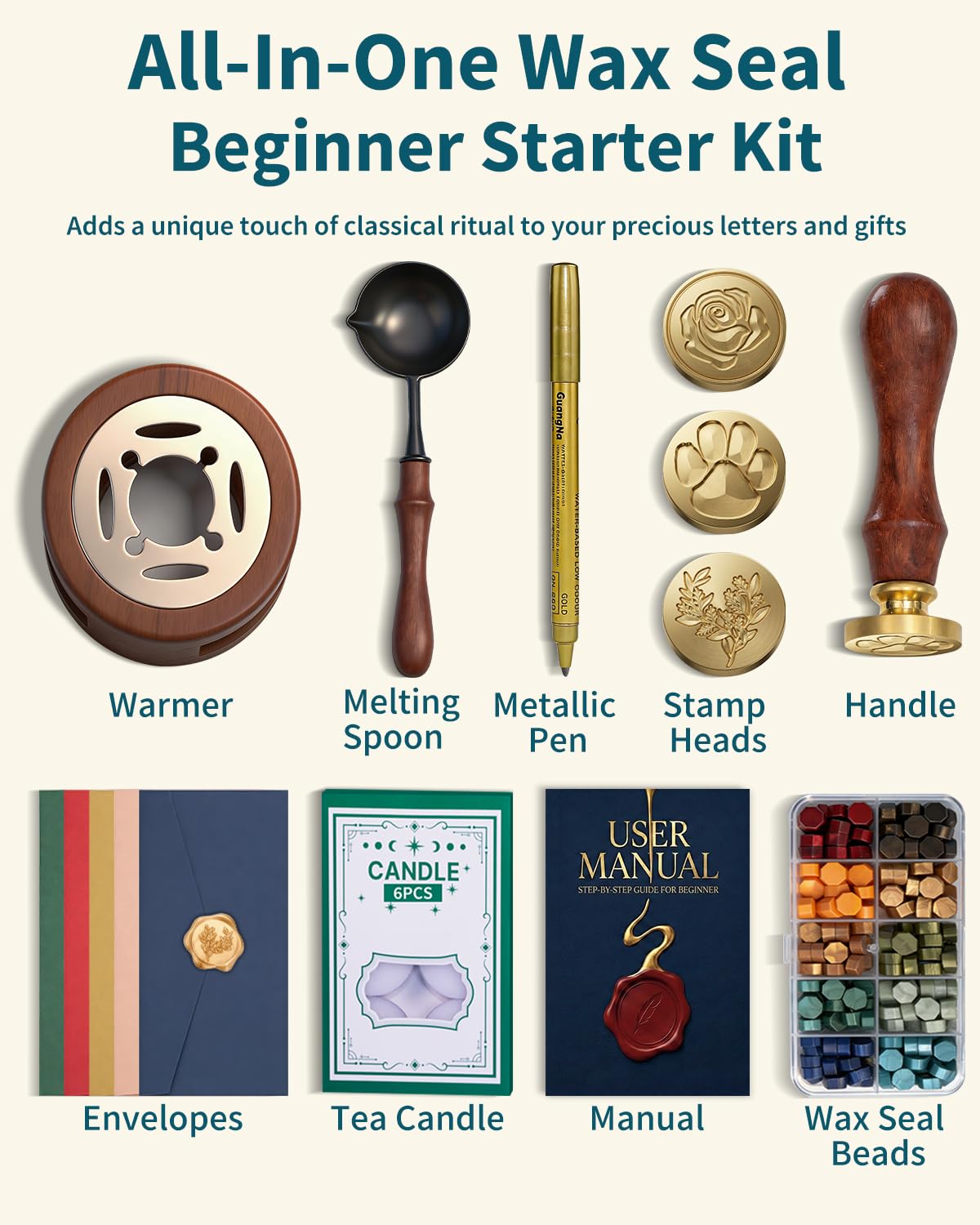 Wax Seal Stamp Kit for Beginners: Wax Sealing Tool Set 3 Brass Stamp Heads with Unique Patterns, 200 Beads, 5 Envelopes & Instructions for Wedding Invitations, DIY Letters & Gift Decoration