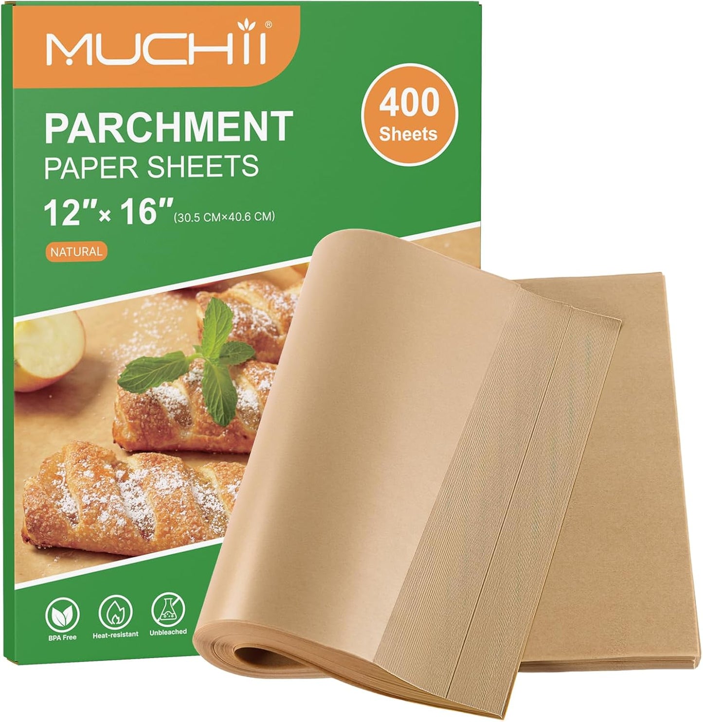 MUCHII Parchment Paper Sheets - 400 Non-Stick Precut Sheets, 12 x 16 Inch for Baking & Cooking