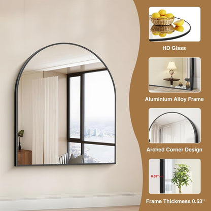 COFENY Black Arch Mirror, 30’’x36’’ Black Mirror for Bathroom, Wide Arched Bathroom Mirror with Metal Wall Mounted Mirror for Bedroom Living Room Entryway Modern