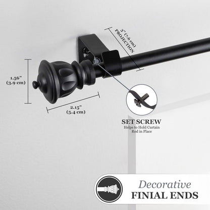 Kenney Kiera Crown Adjustable Curtain Rod, 28 to 48 Inches, Extendable Set, Matte Black