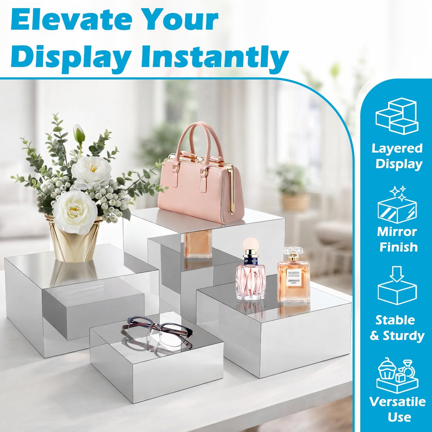 koretech 4Pcs Acrylic Risers Display Stands, Food Risers for Buffet Table, Acrylic Cube Mirror Risers for Catering Dessert, Jewelry Collectibles Party, Silver