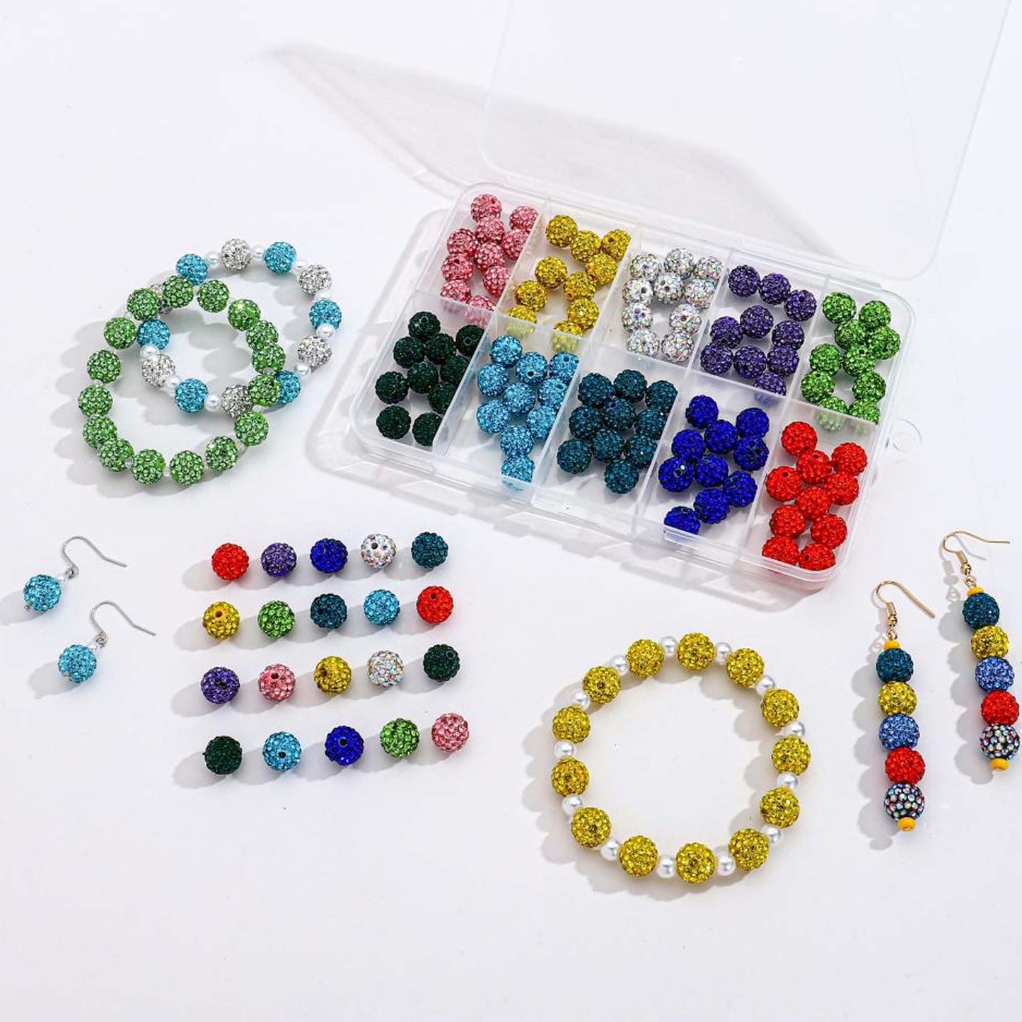 MINIMISSMIANYC 100PCS Rhinestone Beads Jewelry Making kit，10mm Crystal Color Round Sparkle Clay Beads Disco Ball Bulk Baseball Necklace Bracelets Earrings Keychain Bag Charm DIY Crafts