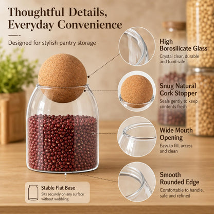 RHBLME 3 Pack Glass Storage Containers with Ball Cork, 17 Oz/500ML Glass Jar with Cork Lid, Round Cork Glass Bottle, Small Candy Jar with Wood Ball Lid for Food, Coffee, Sugar, Spice, Tea, etc