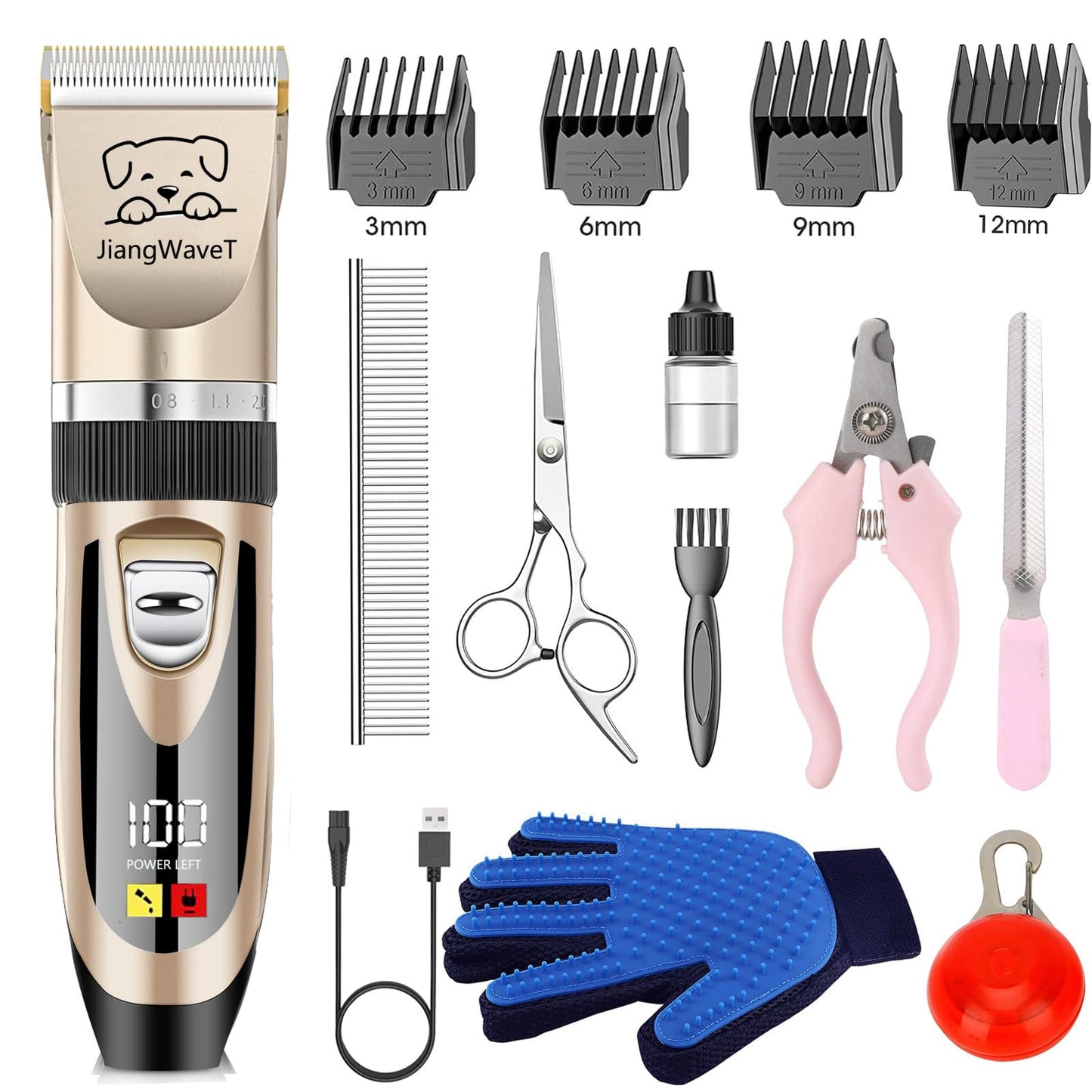 JiangWaveT Dogs Hair Trimmer, Dogs Shaver Clippers Grooming Kit - Low Noise Cordless Rechargeable Dog & Cat Horses Clippers, Heavy Duty, Quie