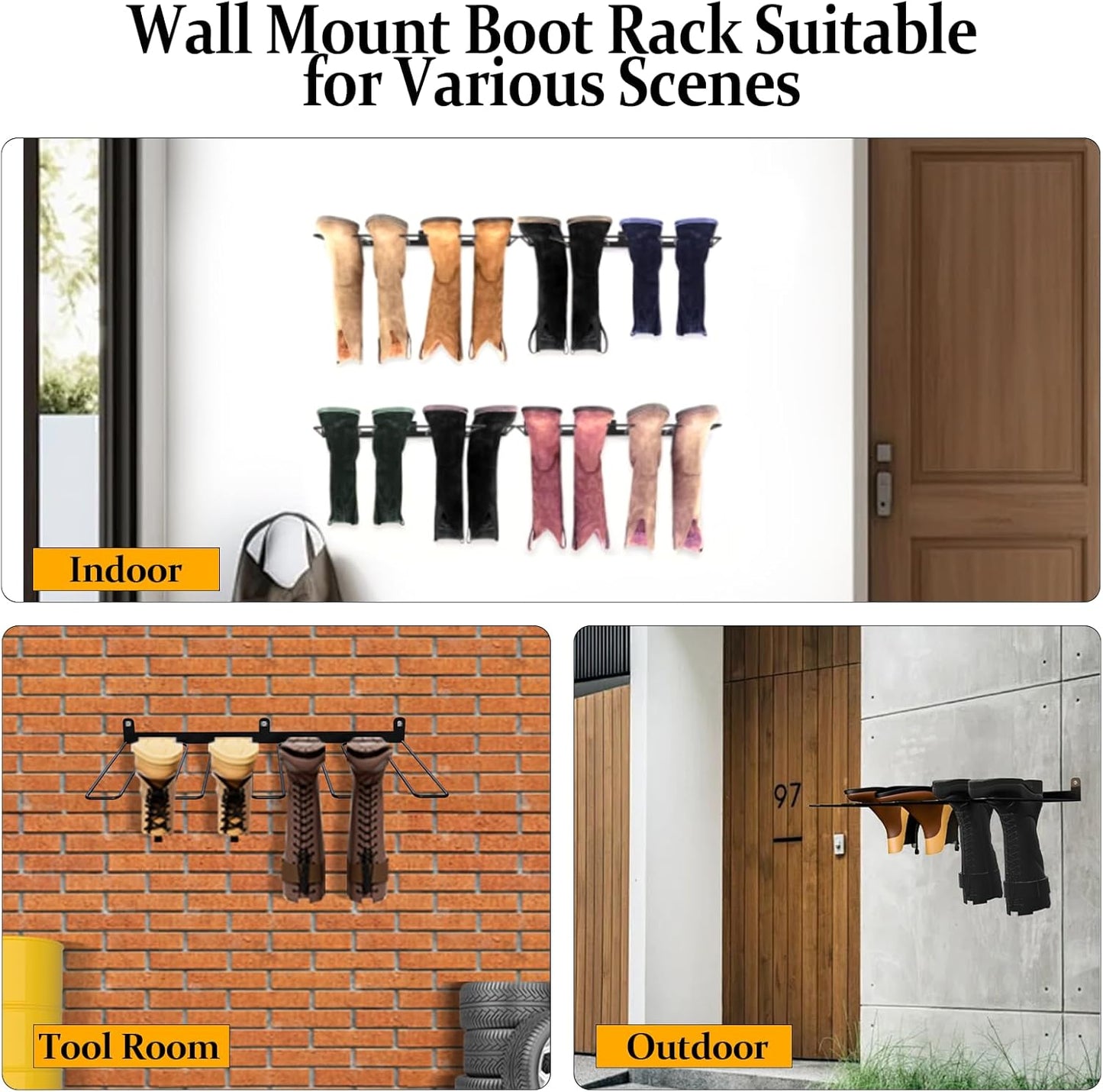 4 (2-Pack) Wall-Mounted Boot Rack Organizer for Tall Boots - Pair Metal Boot Organizer Including Wader Hangers, Perfect