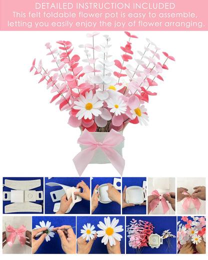 BAZIMA Felt Eucalyptus Daisy Bouquet,Felt Flowers,Multi-Color Felt Leaves,DIY Bouquet,Artificial Flower Bouquet with Flower Pot,Floral Gifts,15 Eucalyptus and 8 Daisies kit (Red Pink White)
