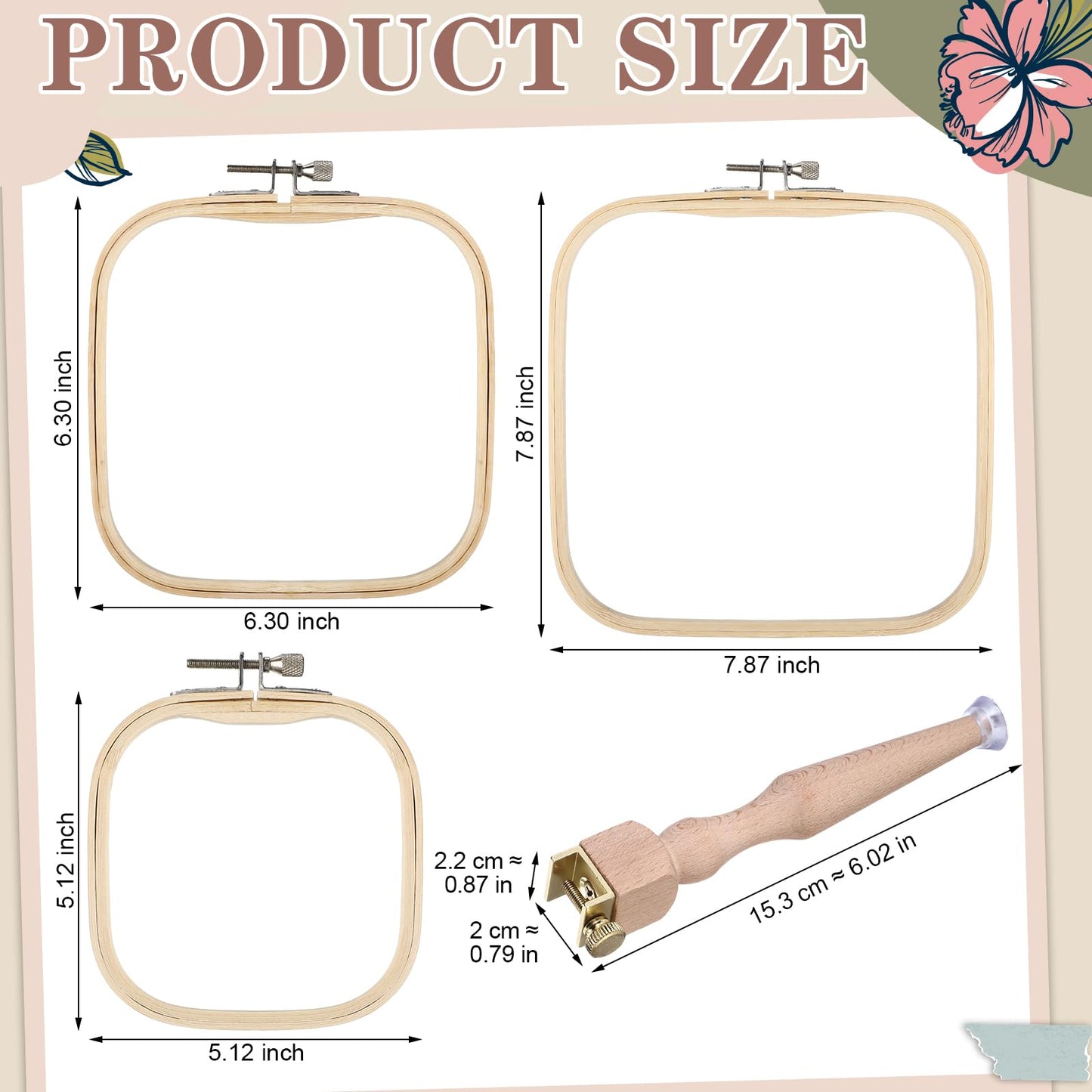Novabright 3 Pcs Embroidery Hoop Stand Set 5.1" / 6.3" / 7.9" Square Hoops 4 Professional Stands Embroidery Kit for Arts Crafts Sewing Needlework Cross Stitch Supplies