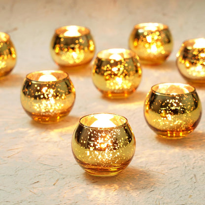 24 Homemory Pcs Gold Votive Candle Holders, Round Mercury Glass Candle Holder, Tealight Candle Holders for Table