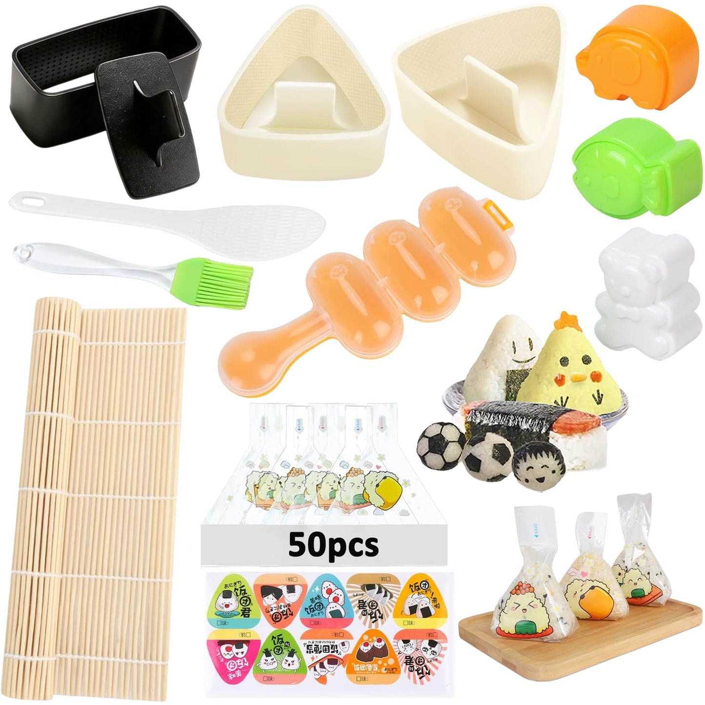 Onigiri Mold Set - 12pcs Spam Musubi Maker Press Rice Ball Mold Sushi Rolling Mat Sushi Making Kit with 50pcs Onigiri Wrappers and Stickers for Lunch Bento and Home DIY