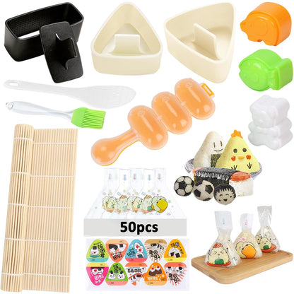Onigiri Mold Set - 12pcs Spam Musubi Maker Press Rice Ball Mold Sushi Rolling Mat Sushi Making Kit with 50pcs Onigiri Wrappers and Stickers for Lunch Bento and Home DIY