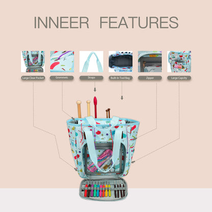 LOOEN Yarn Knitting Storage Tote-Large Capacity Crochet Organizer Portable Travel Bag with Shoulder Strap Crochet Hooks Case for Unfinished Bulk Project