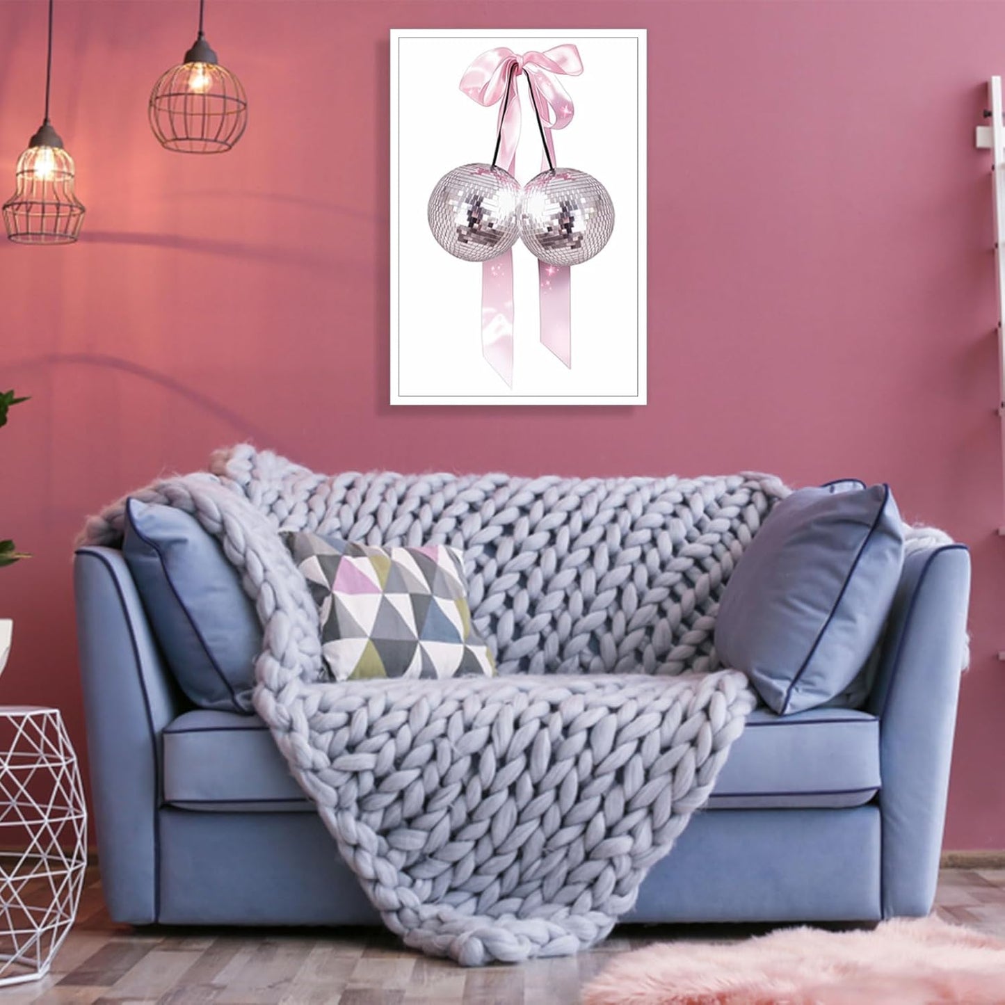 Generic 12x18in Trendy Pink Bow Disco Ball Posters White Cherry Canvas Wall Art Funky Coquette Bow Ribbon Preppy