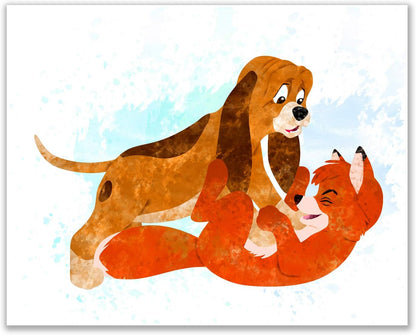 Fox and The Hound Set of 3 Poster Prints - Cute Watercolor Photos (8 inches x 10 inches)