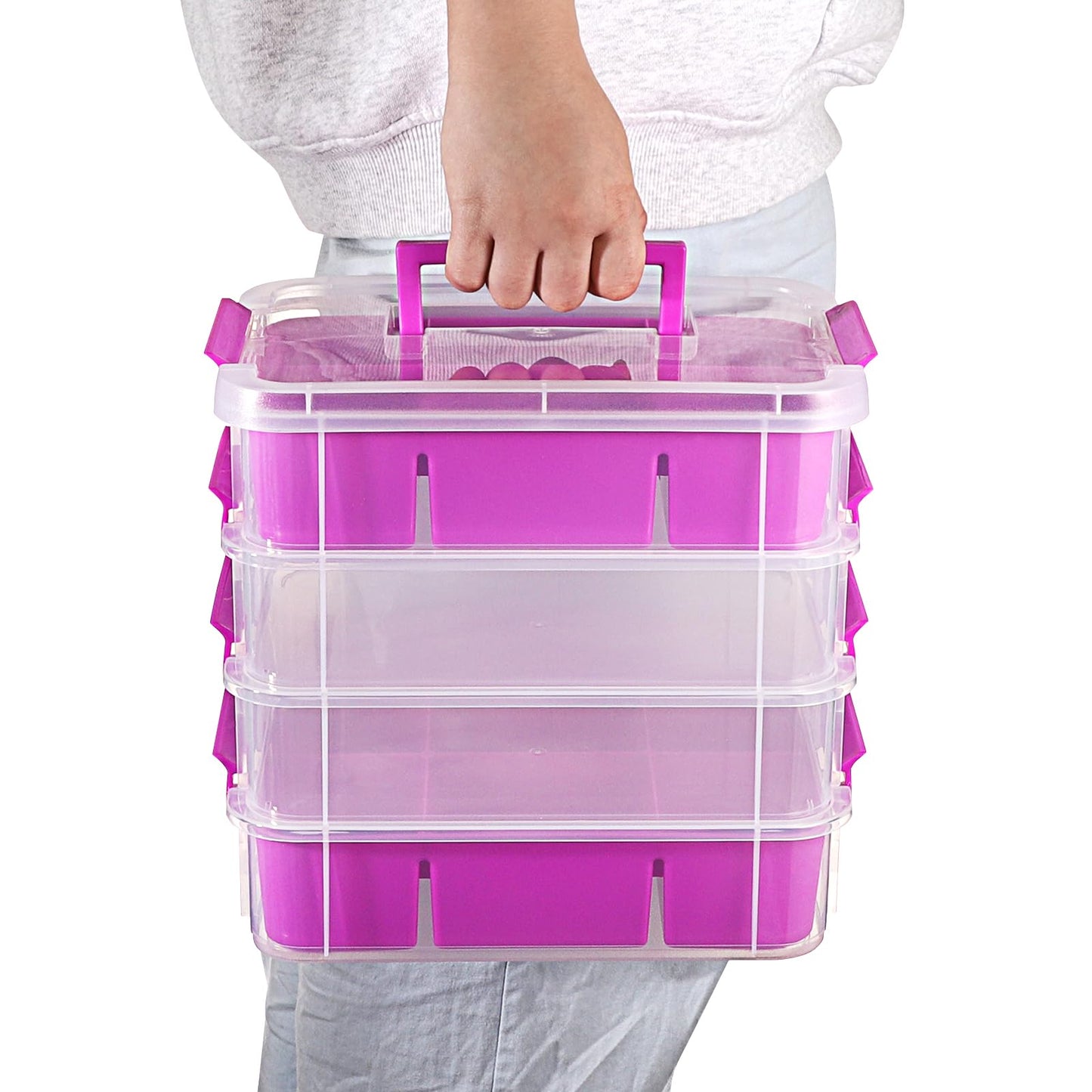 JUXYES 4-Tiers Stack Carry Storage Box With 2 Divided Tray, Transparent Stackable Storage Bin With Handle Lid Latching Storage Container for School & Office Supplies, Purple