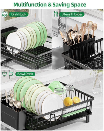 CosyPic Dish Drying Rack for Kitchen Counter, Stainless Steel Drainer Anti Rust, Smart Drainage System Drainboard with Detachable Cutlery Holder, Handwash Dish Helper for Home, Apartment Space Saving