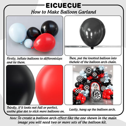 EICUECUE Race Car Balloon Arch Kit - 168Pcs Different Size Balloons Tire Flags Checkered Black Red Blue Balloon Garland Kit for Racing Car Two Fast 2nd Theme Boy Birthday Anniversary Party Decorations