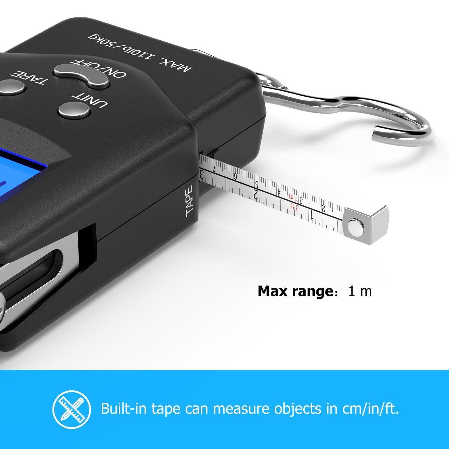 Dr.meter Fish Scale Luggage Scale - PS01 110lb/50kg Backlit LCD Display Digital Scale with Built-in Measuring Tape - Fishing Scale with 2 AAA Batteries, Pocket Size - Fishing Gifts for Men