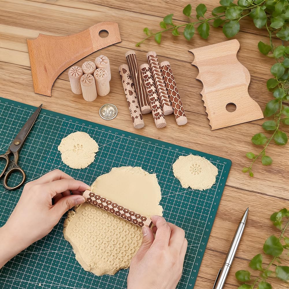 UNICRAFTALE 13Pcs 13 Styles Clay Pottery Tools Kit with 6 Clay Texture Rollers 5 Clays Stamps 2 Foot Shaper Tools Pottery Ribs Trimming Tool for DIY Handmade Clays Molding Sculpting Ceramics