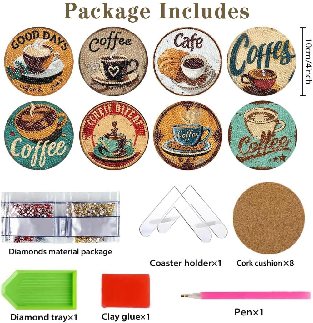 ASslanLYs 8 Pcs Diamond Paintings Coasters,Coffee Diamond Art Coasters Kits for Adults Set with Holder-DIY Craft Diamond Dots for Family Decoration Holiday Gift