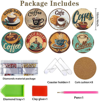 ASslanLYs 8 Pcs Diamond Paintings Coasters,Coffee Diamond Art Coasters Kits for Adults Set with Holder-DIY Craft Diamond Dots for Family Decoration Holiday Gift