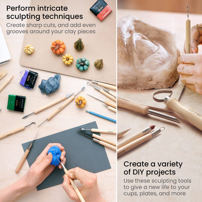 ARTEZA Pottery & Sculpting Tools, 42-Piece Clay Tools Set with Wooden Handles & Steel Tips for Polymer Clay, Ceramics, Carving, Modeling, Shaping & Smoothing