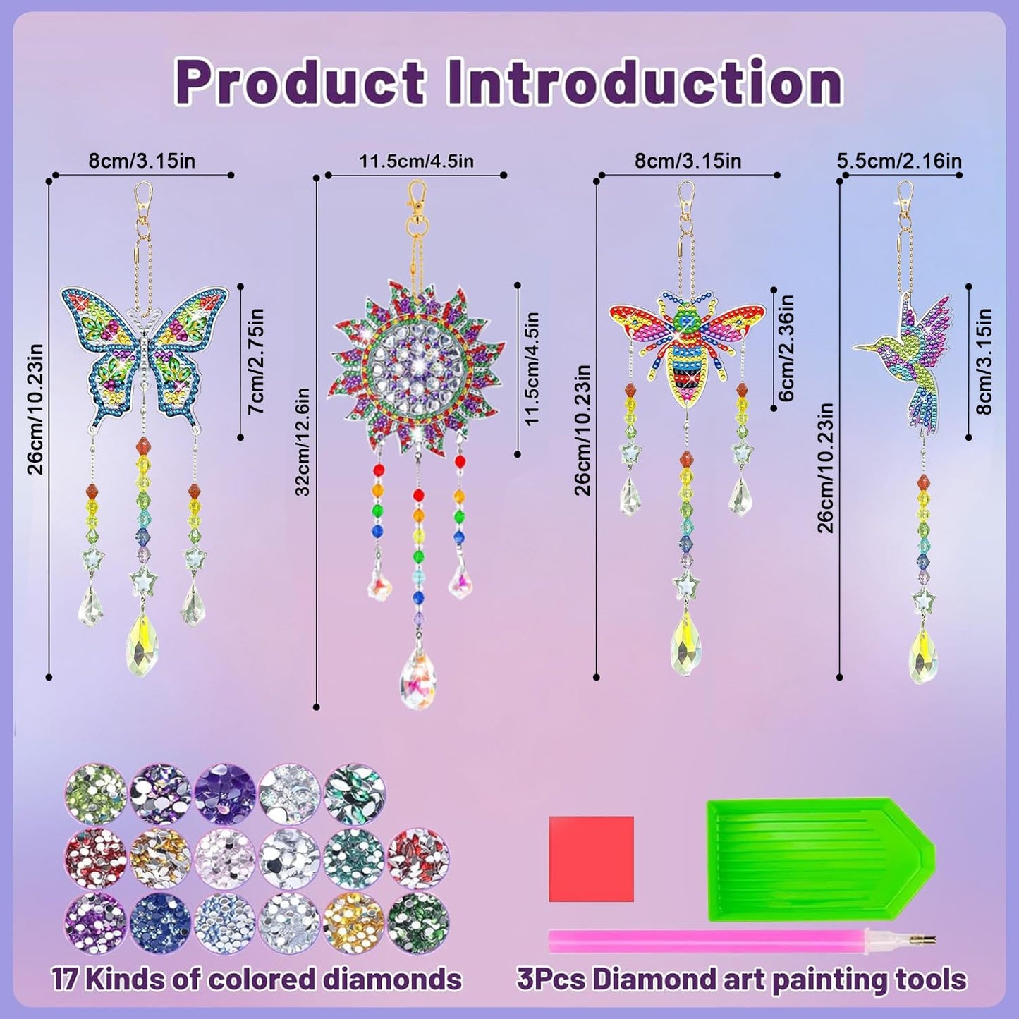 Arts and Crafts for Kids Ages 8-12, DIY Diamond Painting Kits Birthday Gifts for 6 7 8 9 10 11 12 Year Old Girls Boys, Butterfly, Sun Hummingbird, Suncatcher, Wind Chimes for Home Garden Decor