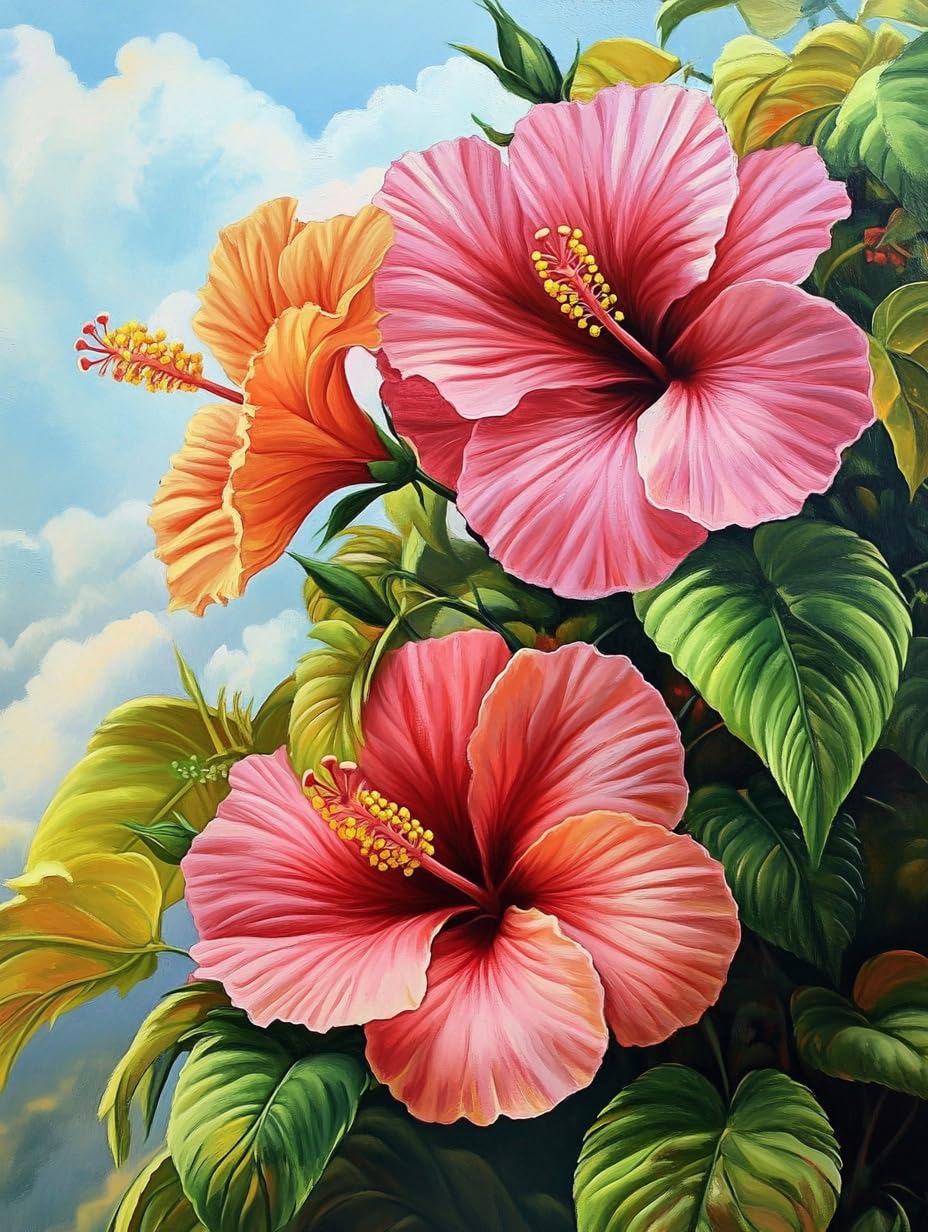 5D Hibiscus Tropical Flowers Diamond Art 12x16 Inch Full Drill Diamond Painting Kits for Adults & Beginners - DIY Art Crafts for Relaxation and Home Wall Decor 558A