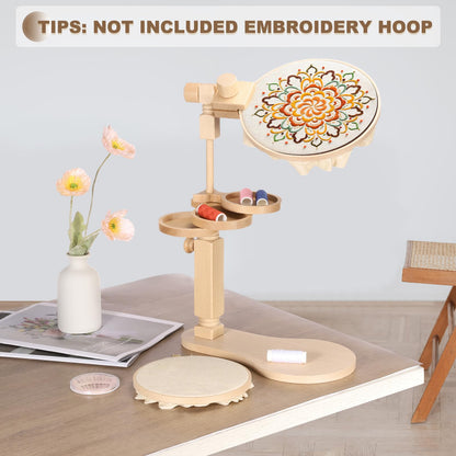 PATIKIL Embroidery Hoop Stand, Adjustable Rotated Beech Wood Cross Stitch Stand Holder with Built-in Storage Tray for DIY Art Craft, Sewing, Needlework Projects