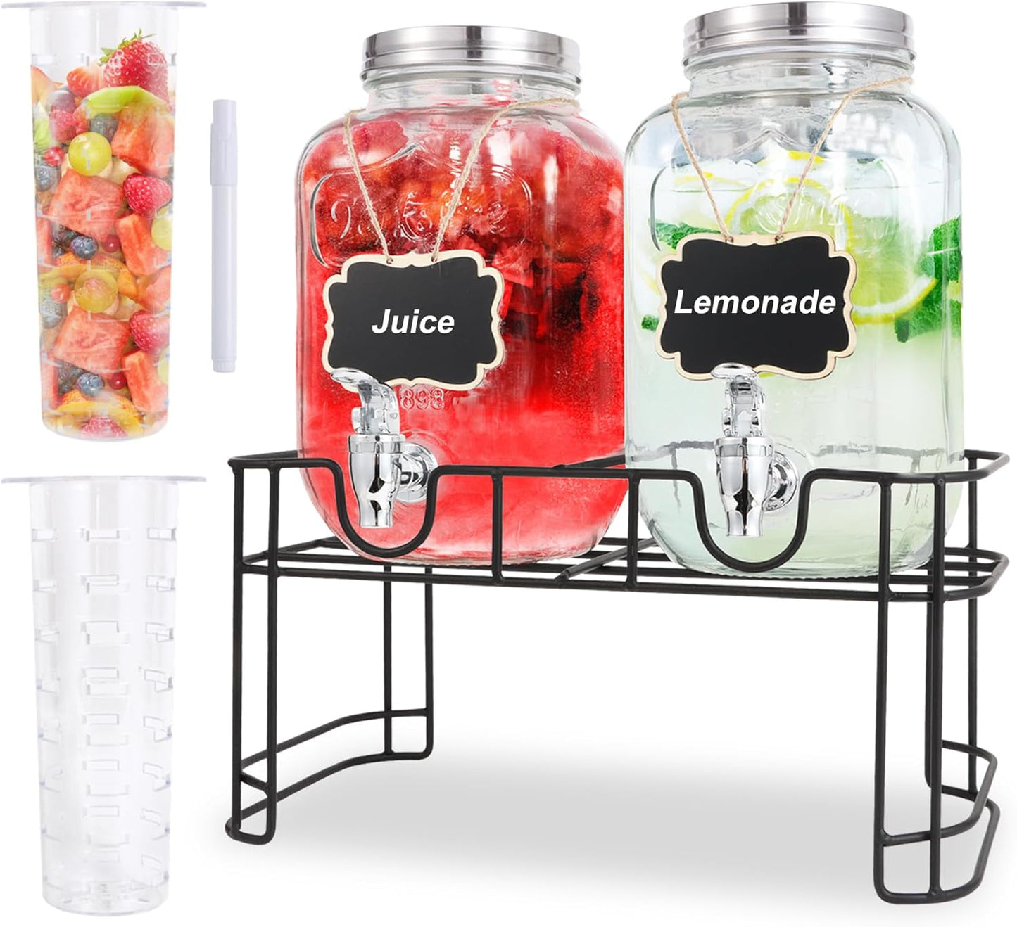 1 Parties-Set 2,Drink Gallon Glass Drink Dispensers For of Dispenser with Fruit Infuser & Stand,Juice or Beverage