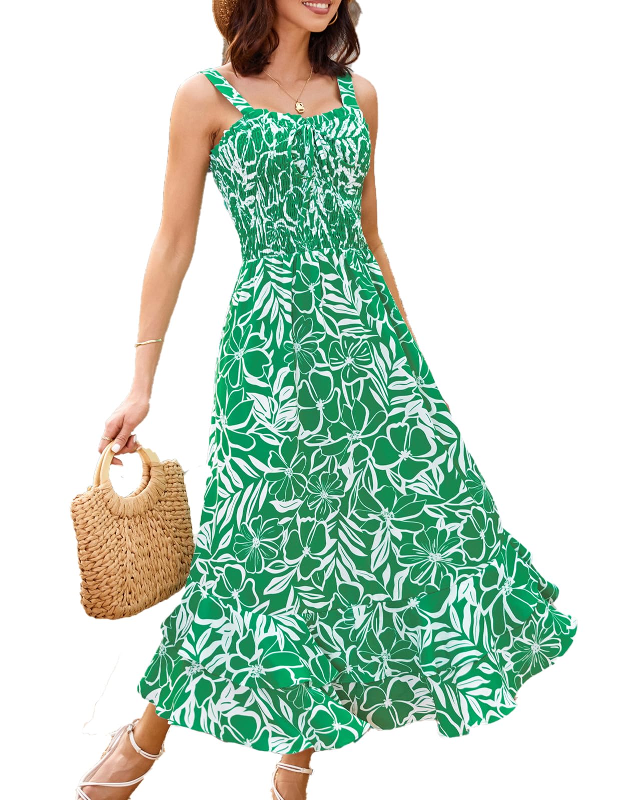 GRACE KARIN Women's 2025 Summer Floral Boho Dress Square Neck Strapped Swing A Line Sundress Beach Long Maxi Outfits