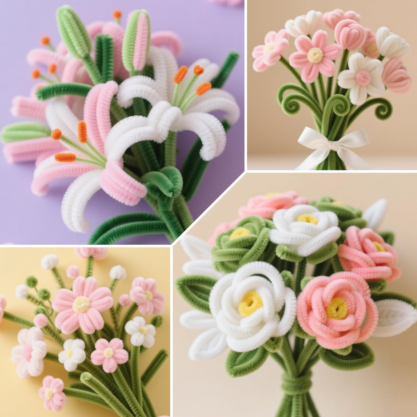 ASTARON 521 Pcs Pipe Cleaners Craft Set, 5 Colors Pipe Cleaners Bulk Pastel Chenille Stems for Craft Pipe Cleaner Flowers Making Kit with Floral Wires, Gardening Tape (Pink Series)