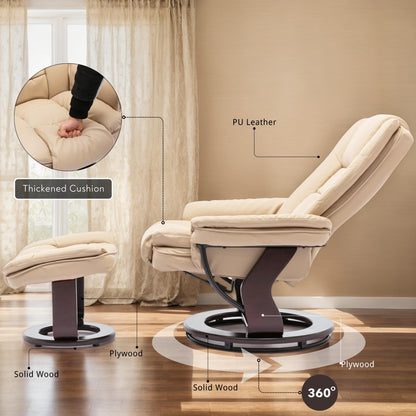 Argus Swivel Recliner with Ottoman, PU Leather & Wood Base Reclining Chair with Footrest, Ultra-Plush Double Foam for Living Room, Bedroom and Office, Set of 2