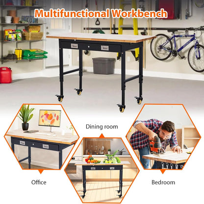 60 x 22 Workbench, Heavy Duty Adjustable Height Worktable with Rubber Wood Top, 2000 LBS Load Capacity, Tool Storage Station with Drawer, Power Outlets and Lockable Wheels, for Warehouse