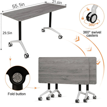 Folding Conference Table, Conference Room Tables with Wheels Foldable Large Rectangle Meeting Seminar Table for 6-12 People, Flip Top Mobile Training Table for Office Classr (4, Gray, 55.1in)