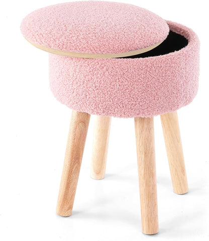 BRIAN & DANY Vanity Stool, Sherpa Vanity Stool Chair with Storage, Round Makeup Chair Soft Padded Seat with Legs