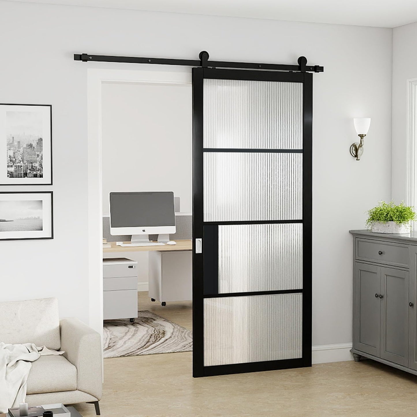 JUBEST 36"x84" Glass Barn Door, 4-Panel Reeded Safety Glass & Matt Black Painted Wood Frame Door Slab with 6FT Hardware Kits & Handles, Wear-Resistant & Scratch-Resistant, Preassembled