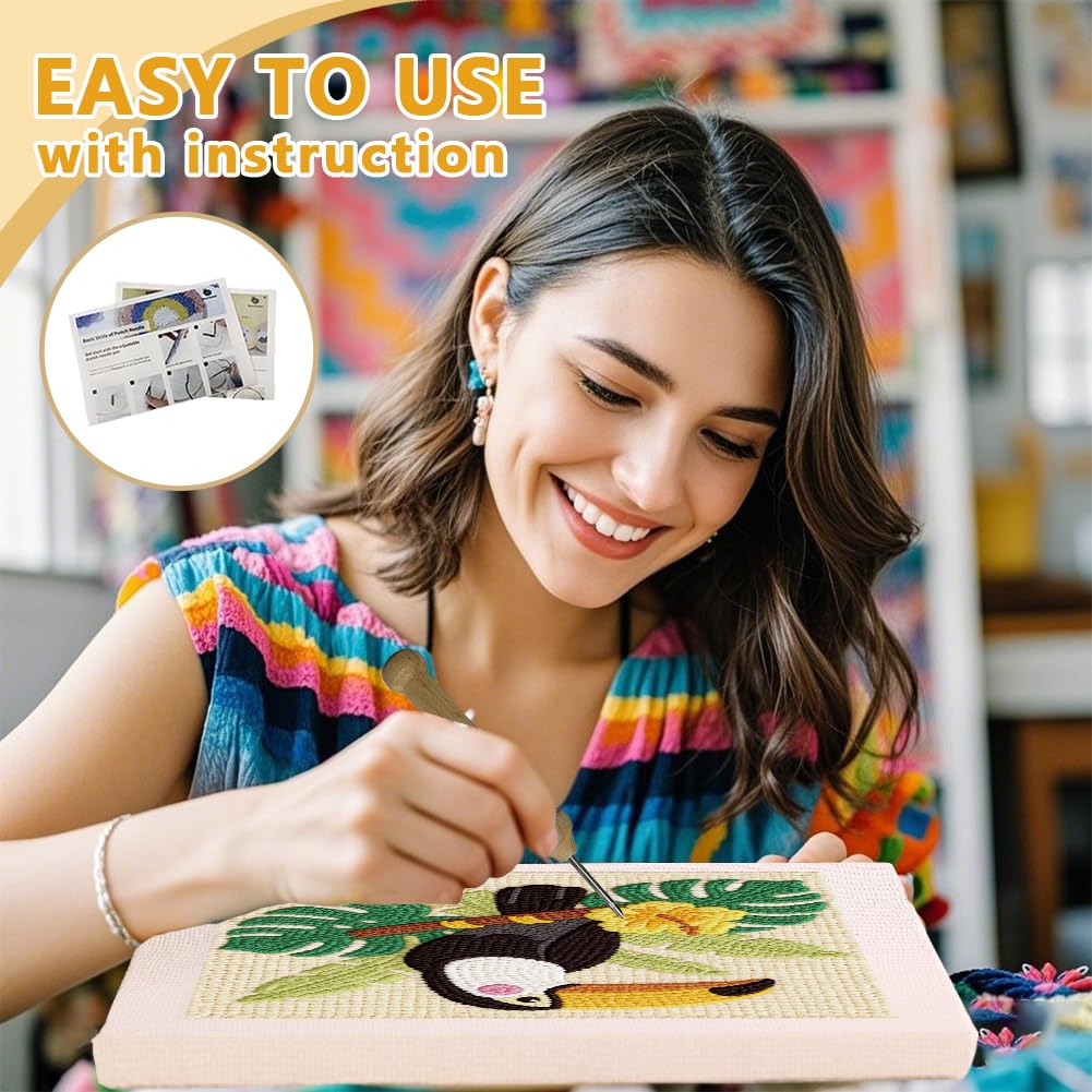 DOODLREAM Color Toucan Punch Needle Kit for Beginner, 9.4"x9.4" Plams Leaves Punch Stitching Craft Set, Bird DIY Embroidery Starter with Printed Frame, Instruction, Threader, Yarn, Pinch Needle