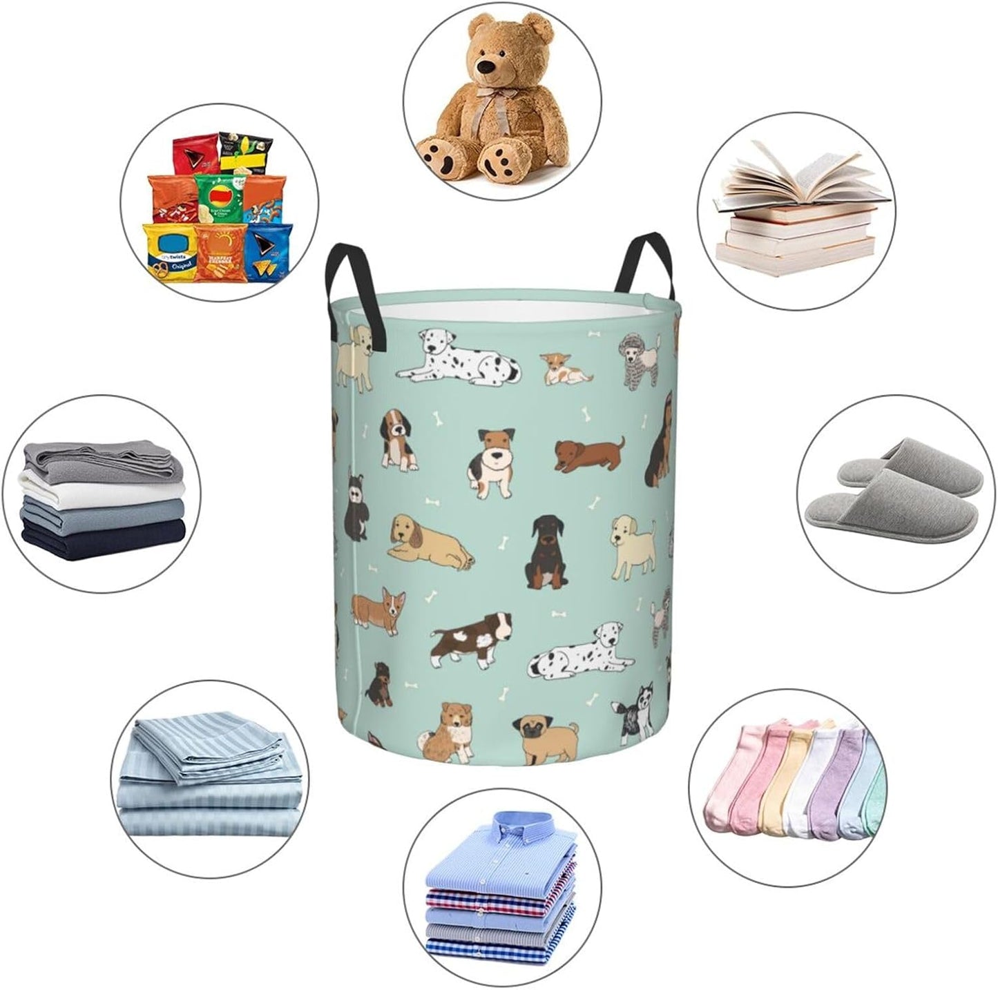Cute Puppy Dog Round Laundry Hamper Storage Basket for Toys and Clothes Organizer, 62L