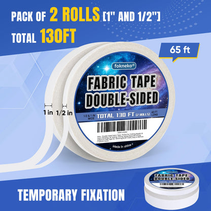 Double-Sided Fabric Tape, Perfect for Clothing Repairs & Fabric Bonding, No Sewing, Ironing, Gluing Required, Strong Adhesive Cloth Tape for Hemming & DIY Crafts, Easy to Remove (1/2inch+1inch)