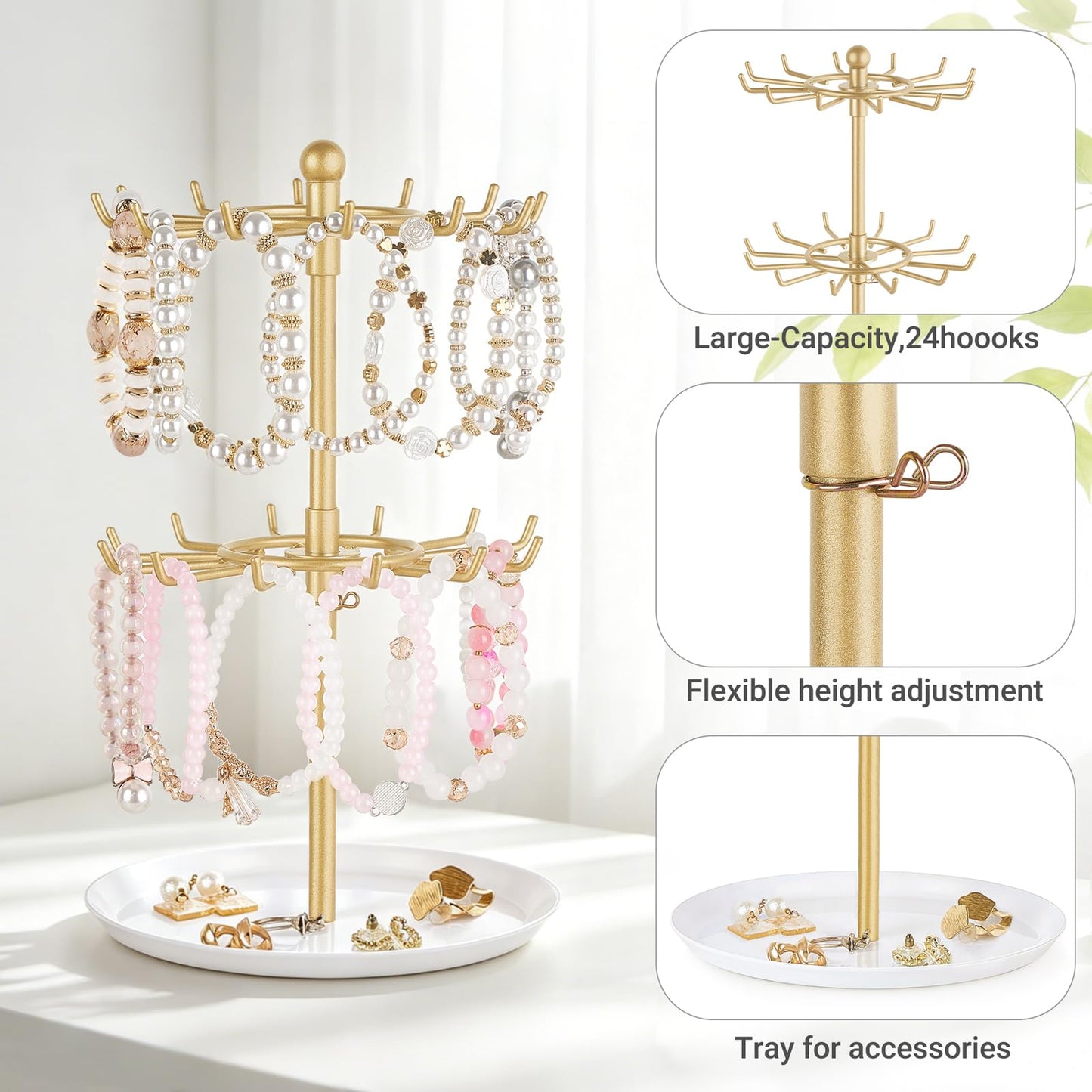 Mkono Bracelet Holder Gold Metal Rotating Bracelet Display Stand 2 Tier Jewelry Organizer with 24 Hooks and Wood Tray Adjustable Tree Stand Tower Rack for Storage Selling KeyChain Bangle Accessories