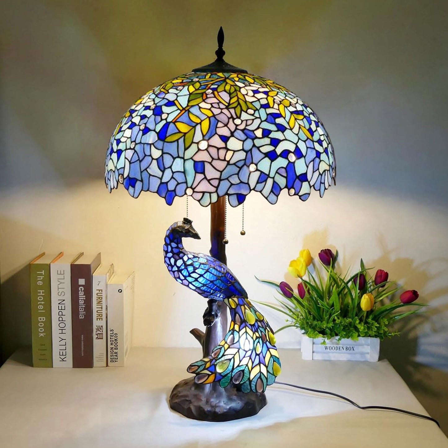 20 Inch Lamp Shade Replacement, Only Tiffany Style Stained Glass Lamp Chimney, Floral Design, Red Green Pink Blue Yellow Fit for Table Lamp, Pendant Light, Floor Lamp,Wisteria