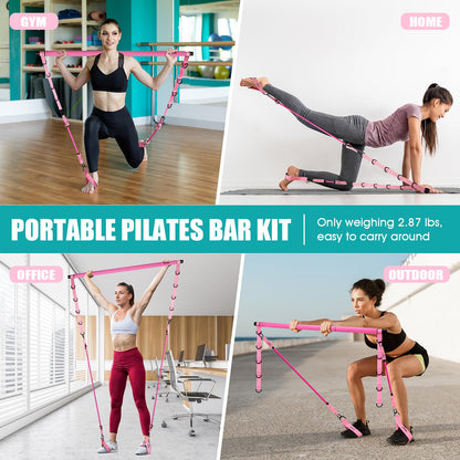 Ayombo Pilates Bar Kit with Resistance Bands, Pilates Workout Equipment for Legs, Hip, Waist, Arm, Squats Exercise Equipment for Home Workouts, Adjustable 3-Section Pilates Bar Kit for Women & Men