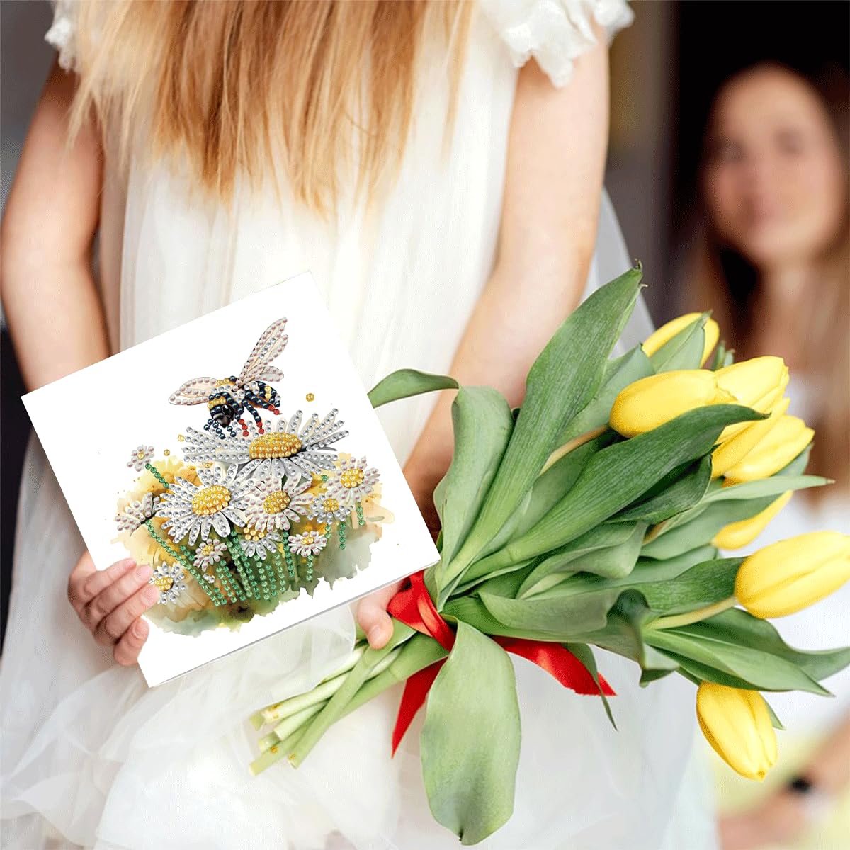 LSQFS 6 PCS Diamond Painting Greeting Cards, Daisy & Bee Floral Diamond Art Kits for Adults with Envelopes, 5.9x11.81in DIY Gem Art Craft Kit for Birthday, Thank You, Mother's Day & All Occasions