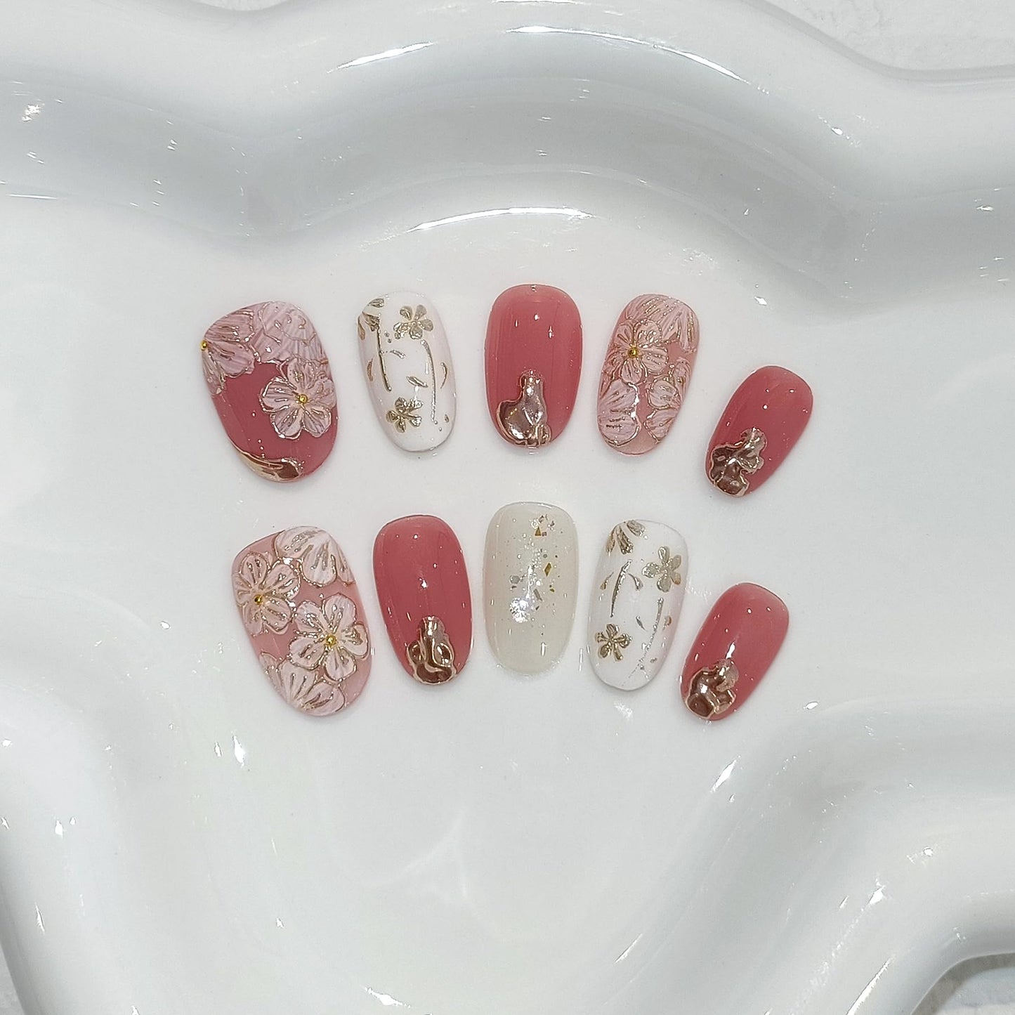 TENPAL Short Oval Press on Nails,Peach Yogurt Base Glue on Nails,Hand-Painted Cloisonné Florals False Nails Press ons,Artisan Chinese Style Fake Nails Kit,Enamel Wire Inlay Nail Art Tools 10pcs(L)