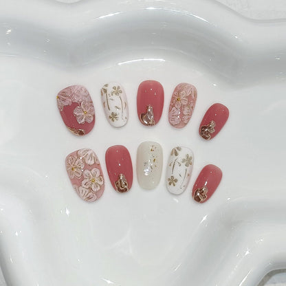 TENPAL Short Oval Press on Nails,Peach Yogurt Base Glue on Nails,Hand-Painted Cloisonné Florals False Nails Press ons,Artisan Chinese Style Fake Nails Kit,Enamel Wire Inlay Nail Art Tools 10pcs(L)
