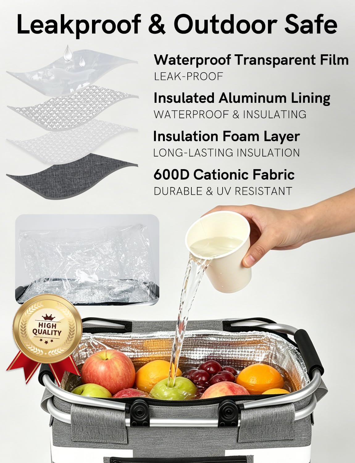 KEFOMOL Insulated Picnic Basket,Leak-Proof Collapsible Cooler Bag,26L Grocery Basket with Lid,2 Sturdy Handles,Storage Basket for Picnic,Food Delivery,Take Outs,Market Shopping,Travel (Gray)
