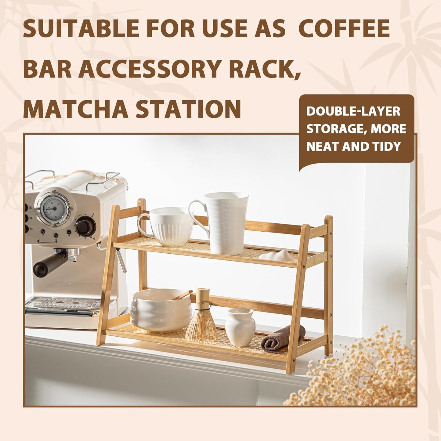1 2 Countertop (Wood,17.7 Inch) Yalikop Pcs Tier Matcha Station Shelf Bamboo Coffee Mug Stand Storage Rack, Double